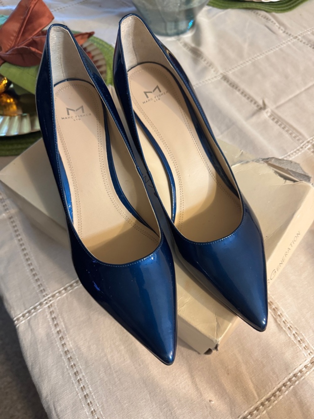 Marc Fisher Navy Patent Pointed Pumps